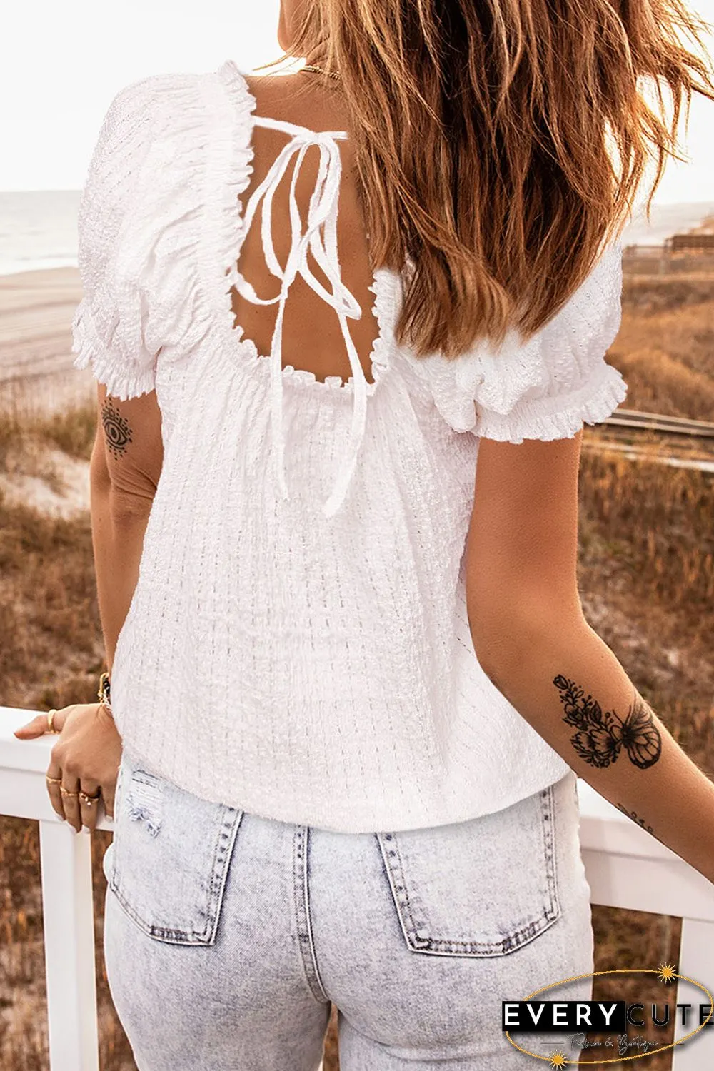 White Lace Crochet Lace-up Open Back Puff Sleeve Top