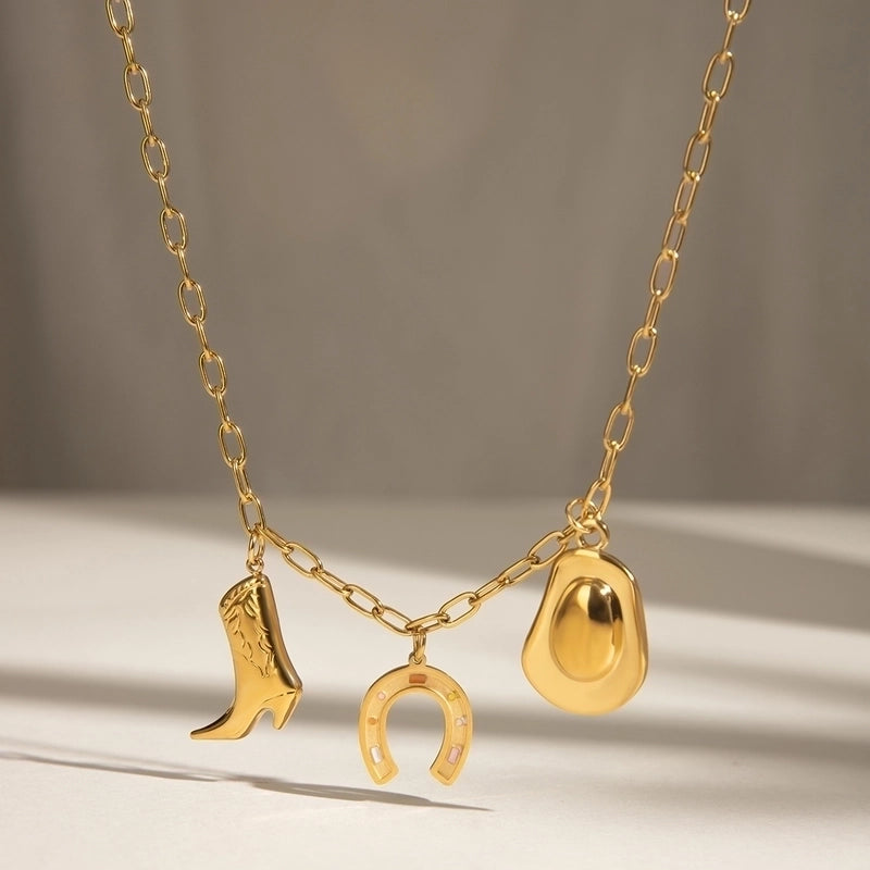 Retro French Style Classic Style U Shape Boots 304 Stainless Steel Multi Charms Necklace