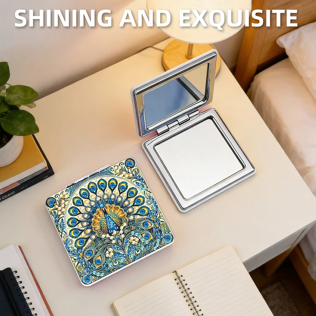 Blue Peacock DIY Special Shaped Diamond Painting Compact Mirror Kits Diamond Art Painting Pocket Mirror for Adults and Beginners