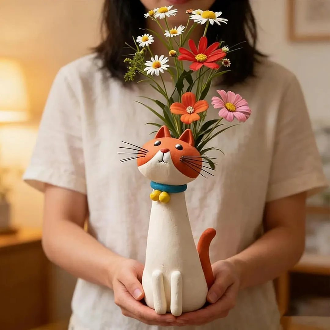 Handcrafted Quirky Cat Vase Modern Whimsical Resin Cat Flower Vase Creative Ornament for Living Room Office Study Home Decoration