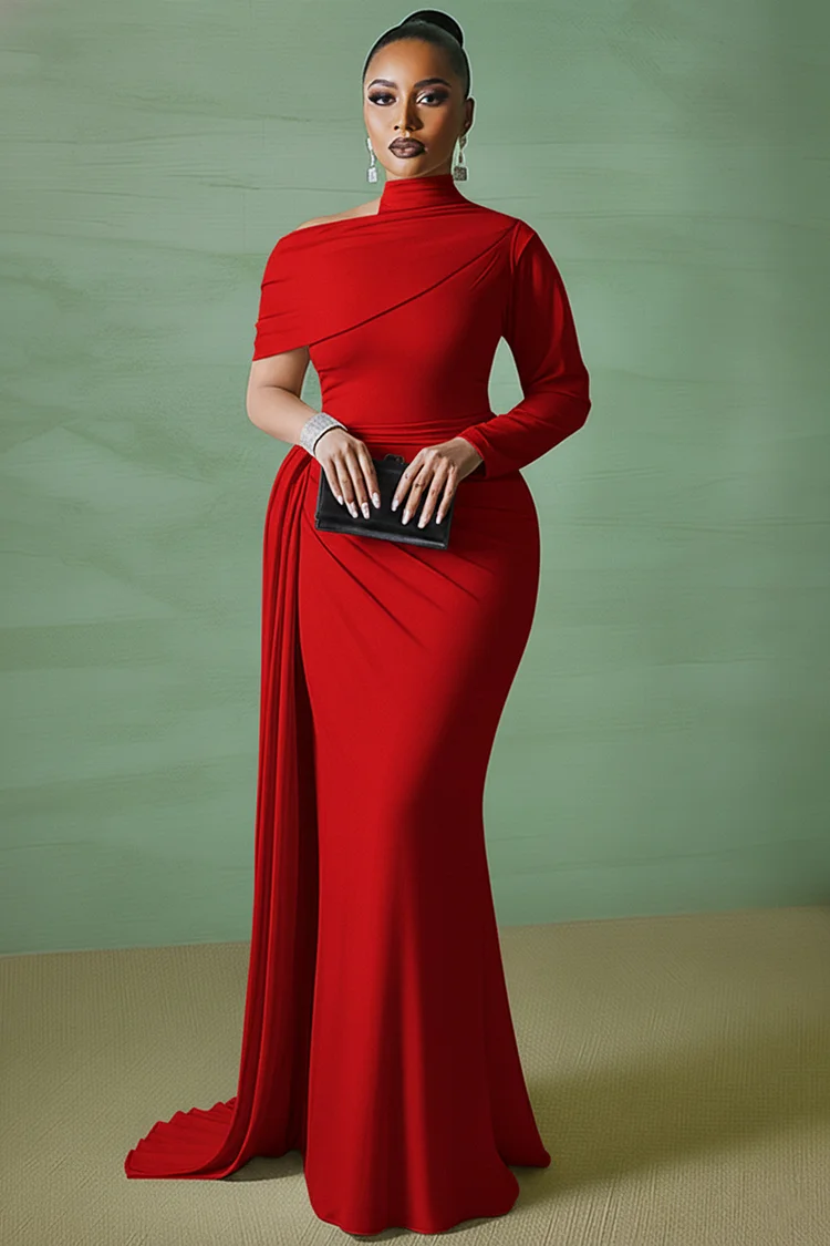 Asymmetric Mock Neck Long Sleeve Sash Party Maxi Dresses-White [Pre Order]