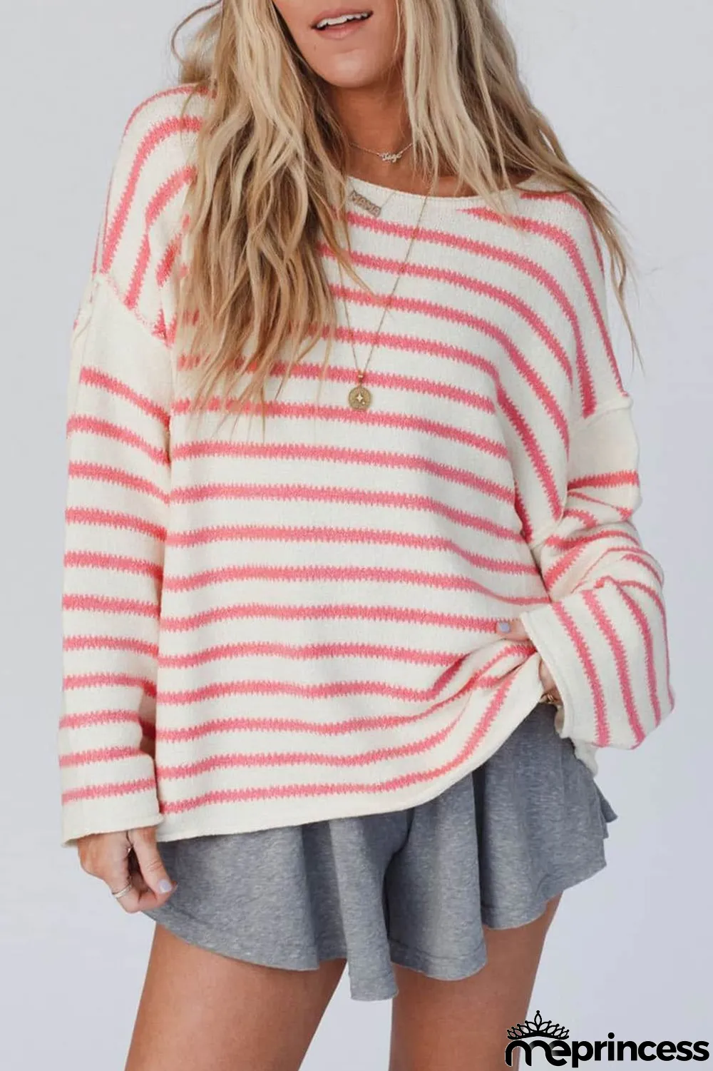Pink Striped Drop Shoulder Oversized Sweater