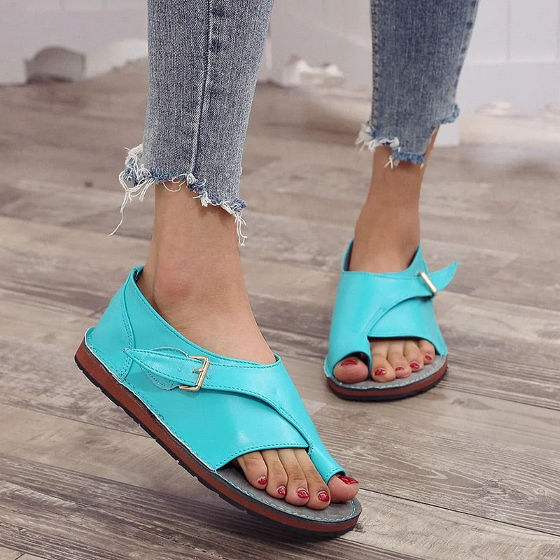 New Women PU Leather Sandals Fashion Peep Toe Buckle Design Roman Sandals Women Flat Shoes Summer Beach Sandals Sandalia