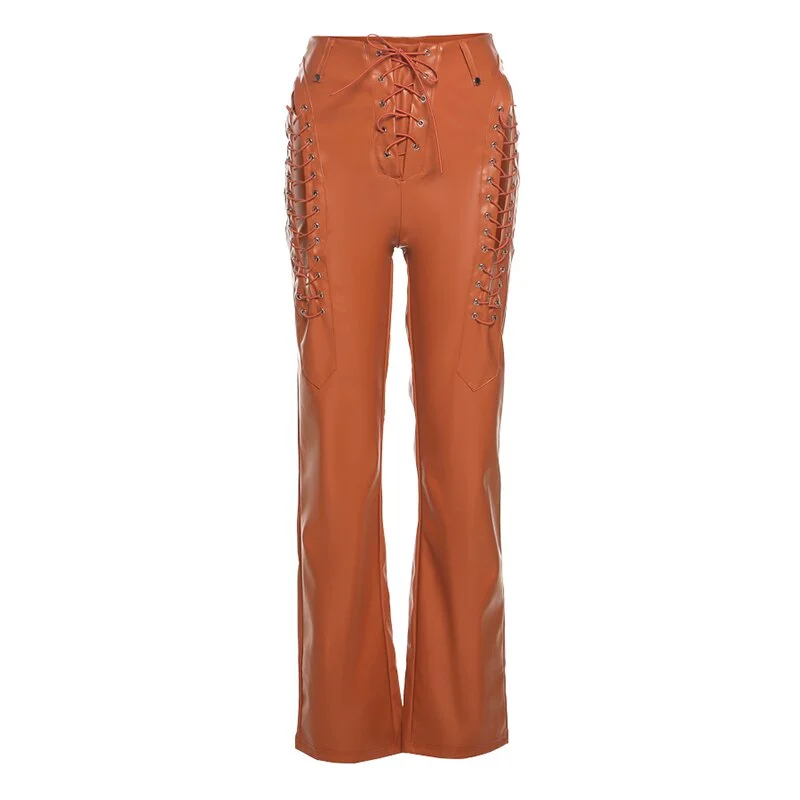 Yiallen Hollow Out Bandage Hipster Straight Trousers Women 2021 New Faux PU Leather Solid Fashion Street Style Pants Female Hot