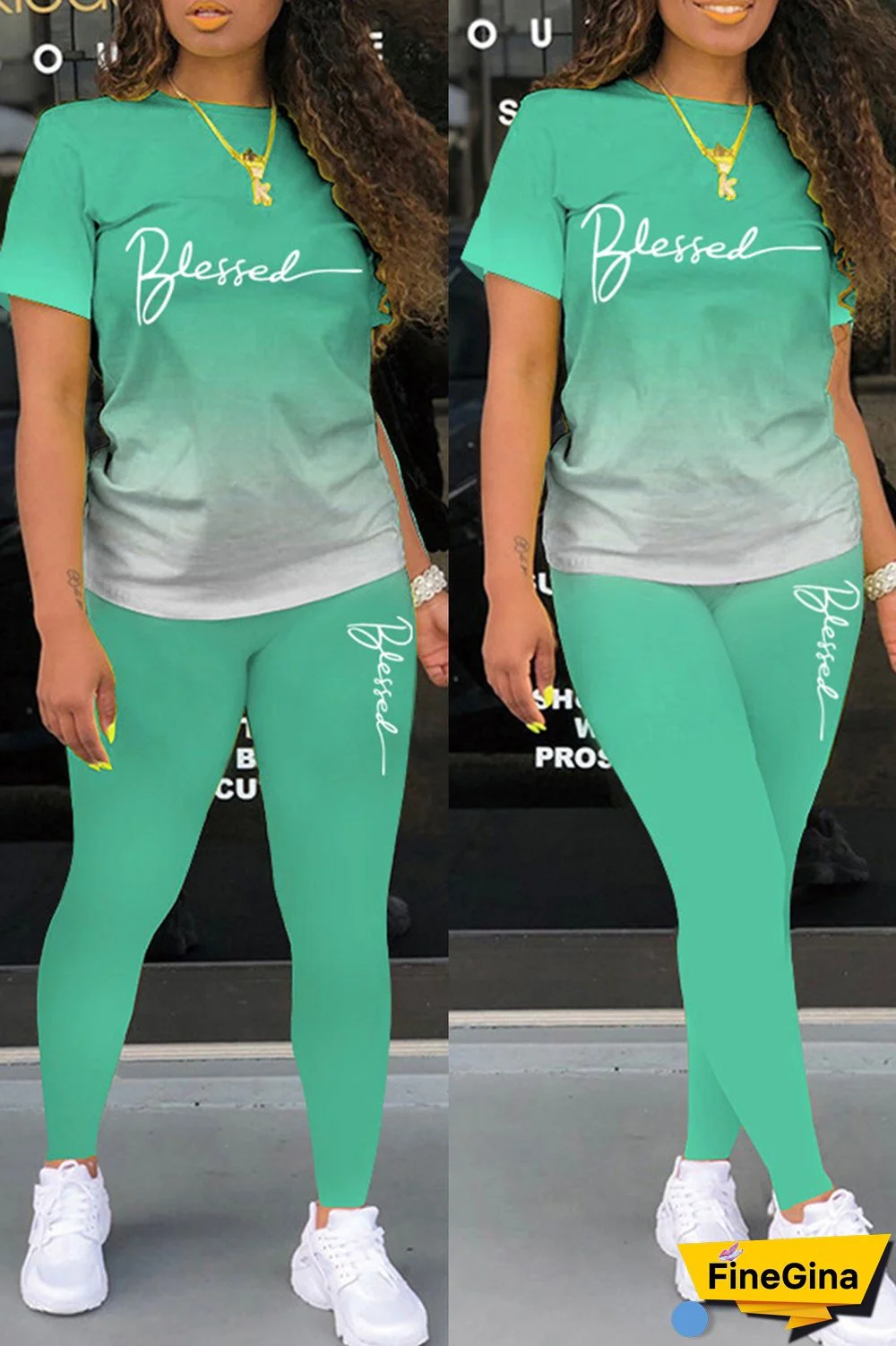 Light Green Casual Letter Print Basic O Neck Short Sleeve Two Pieces