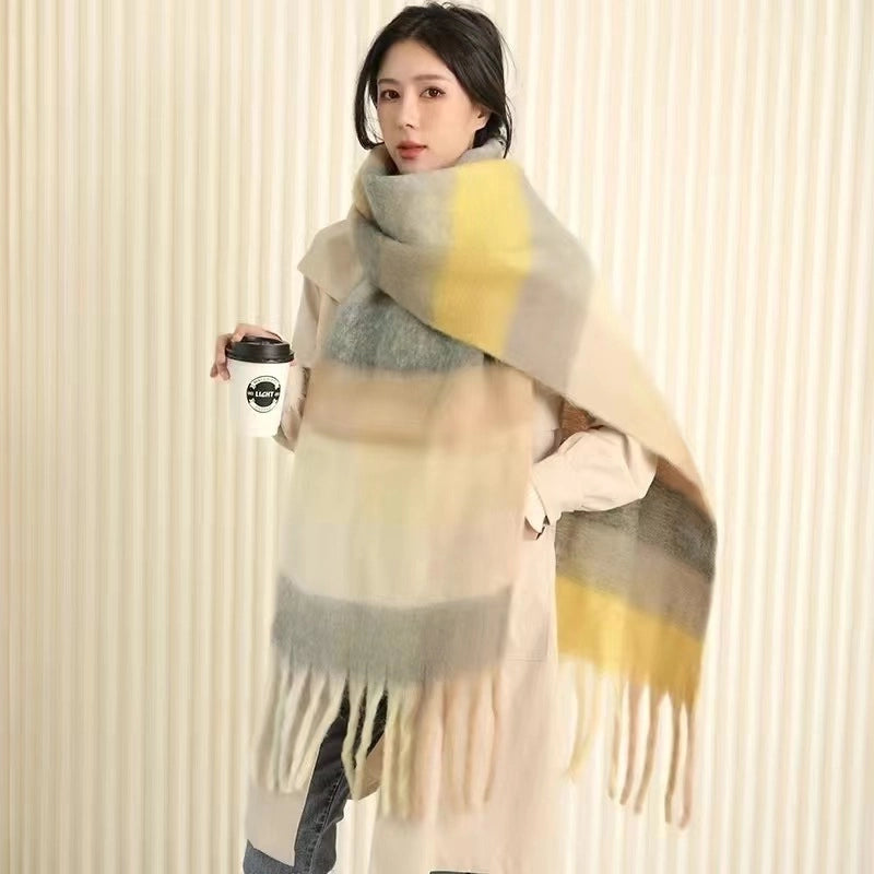 Rainbow Plaid Tassel Scarf For Women Autumn And Winter Famous Color Matching Cashmere Mohair Shawl Thickened Scarf