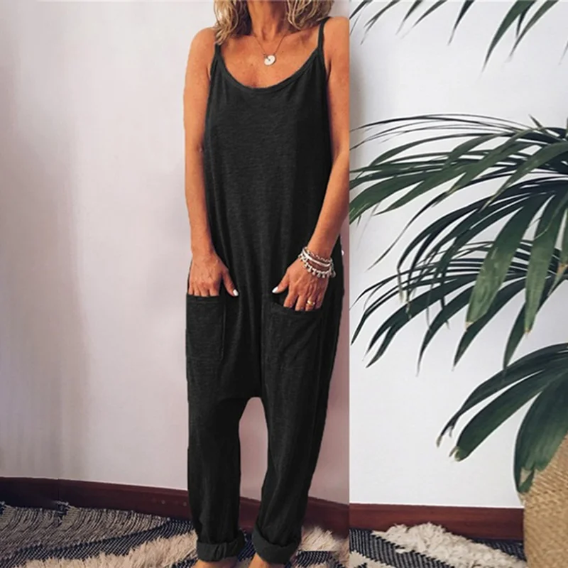 Sleeveless Loose Solid Color Sling Jumpsuit