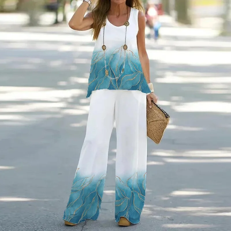 Women's Printed Casual Sleeveless T-shirt And Pants Two-piece Set