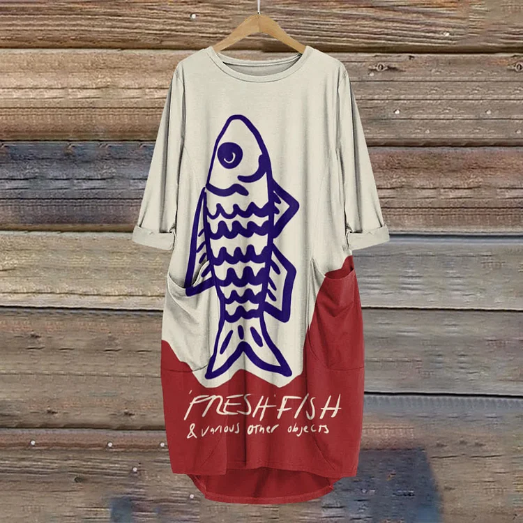 Women's Cusual Silme Drawing Pnesh Fish Art Print Crew Neck Casual Dress