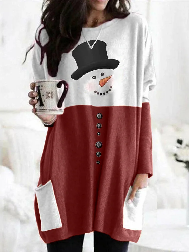 Merry Christmas Snowman Print Long Sleeve Dress