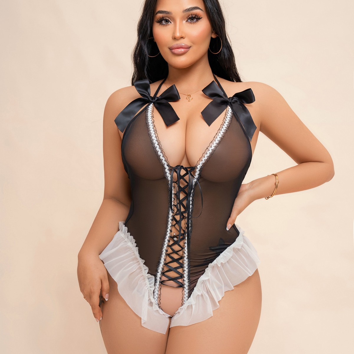 Lovingerie - Plus Size Bow Tie Halter Neck Sheer Lace Bodysuit