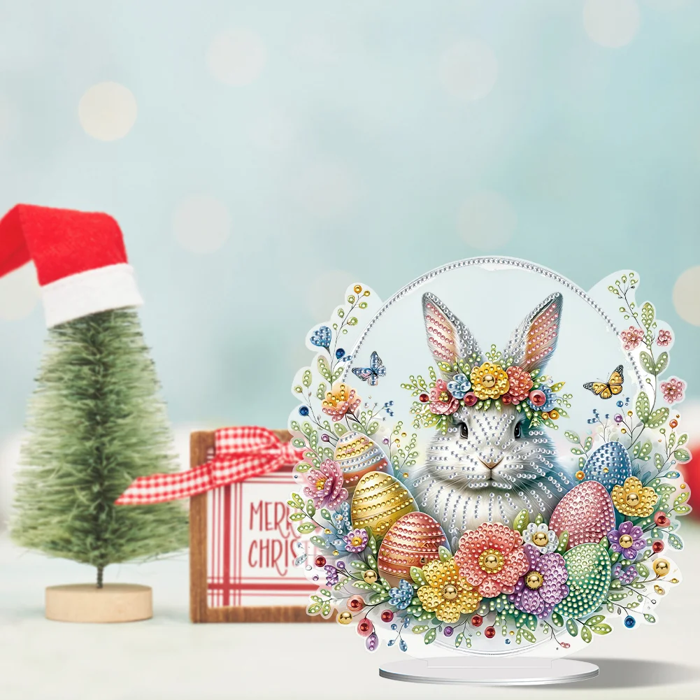 DIY Easter Cute Rabbit Egg Single-Sided Acrylic Diamond Painting Tabletop Ornament for Home Office Desktop Decor