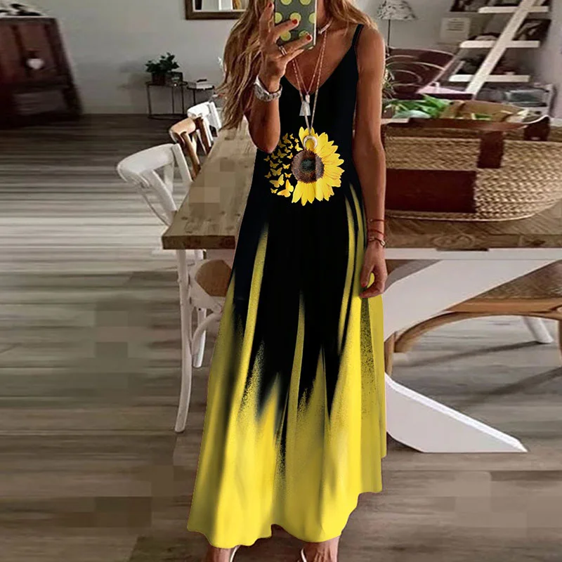 Sunflower Butterfly Print Colorblock Maxi Dress