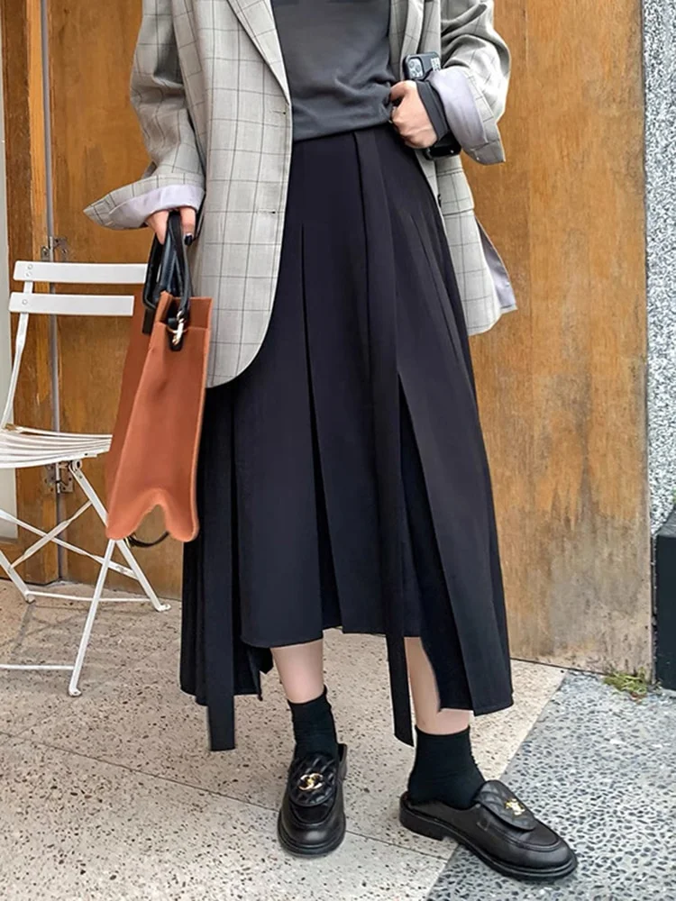 QJONG Casual Korean Fashion Skirt For Women High Waist Loose Fold Pleated Solid Midi Skirts Female Spring Clothing Style