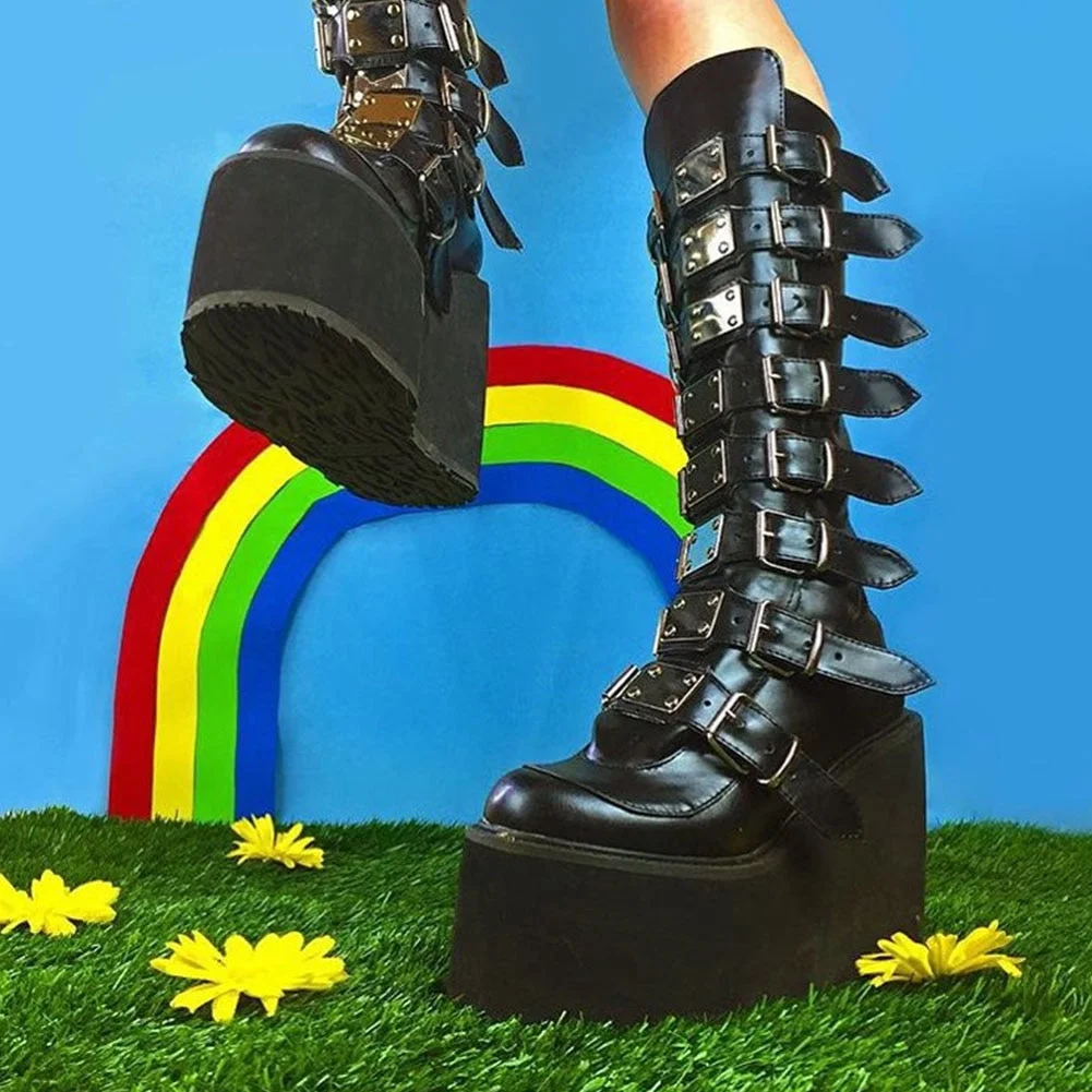 Vstacam Hot 2022 Brand New Gothic Street Women's Knee High Boots Platform Wedges High Heels Buckle Boots For Women Punk Shoes Woman
