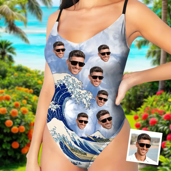Custom Japanese Art Waves V-neck One-piece Bathing Swimsuit Personalized Blue Ocean Straps Swimsuit For Women,gift For Wife elevenforest