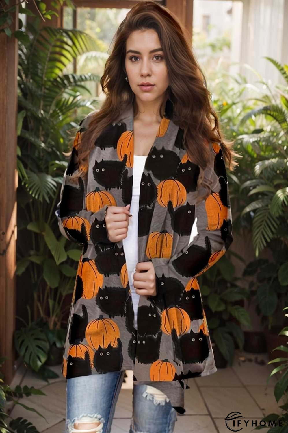 plus size halloween coat women s pus allover cat pumpkin print long sleeve open front medium stretch cardigan overcoat | IFYHOME