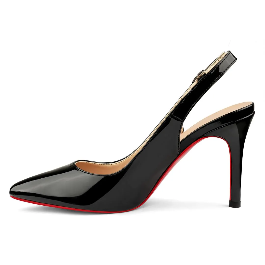 90mm Women's Pointed Toe Slingback Heels Red Bottoms Pumps Comfortable Dress Shoes-vocosishoes
