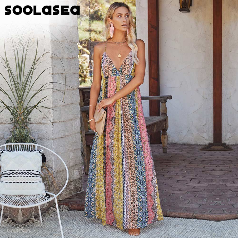 Women Print Boho V-neck Spaghetti Strap Beach Dress