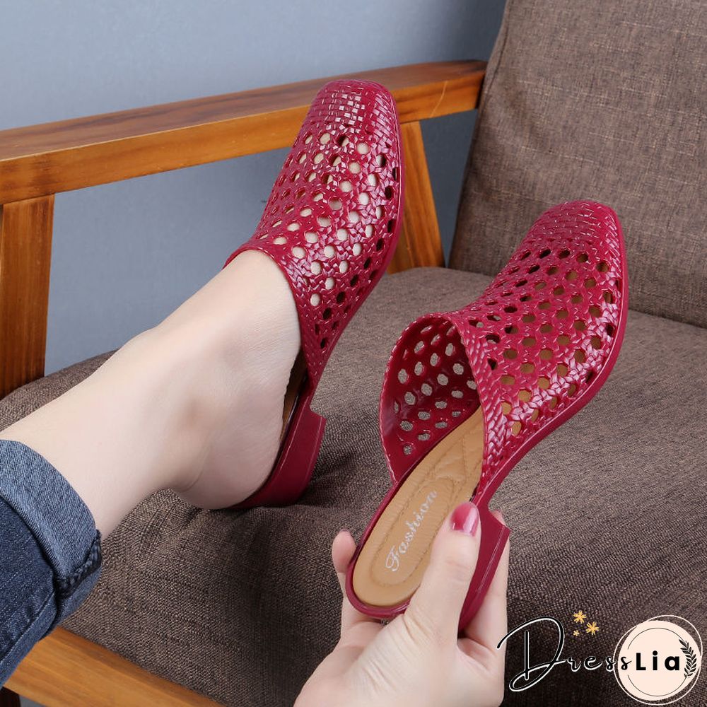 Beach Shoes Slippers,Soft Women Sandals,Hollow Out Summer Mid Heels,Korea Style Slides,Footwear,,,RED,Dropship