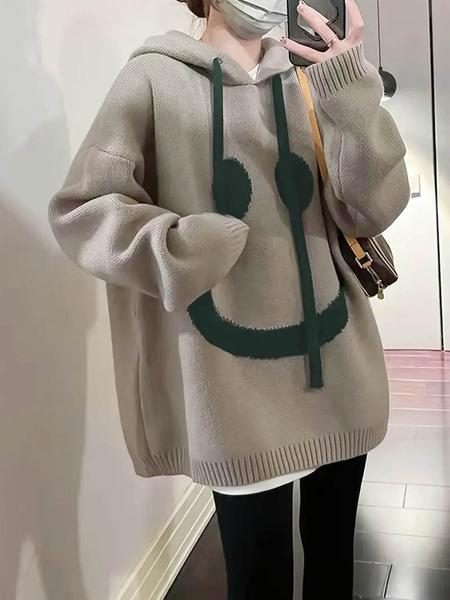 Women's Cartoon Face Print Drop Shoulder Hooded Sweater, Fashion Casual Long Sleeve Drawstring Hooded Sweater for Daily Holiday Outdoor Wear, Women Knitwear for Fall & Winter, Sweaters for Women