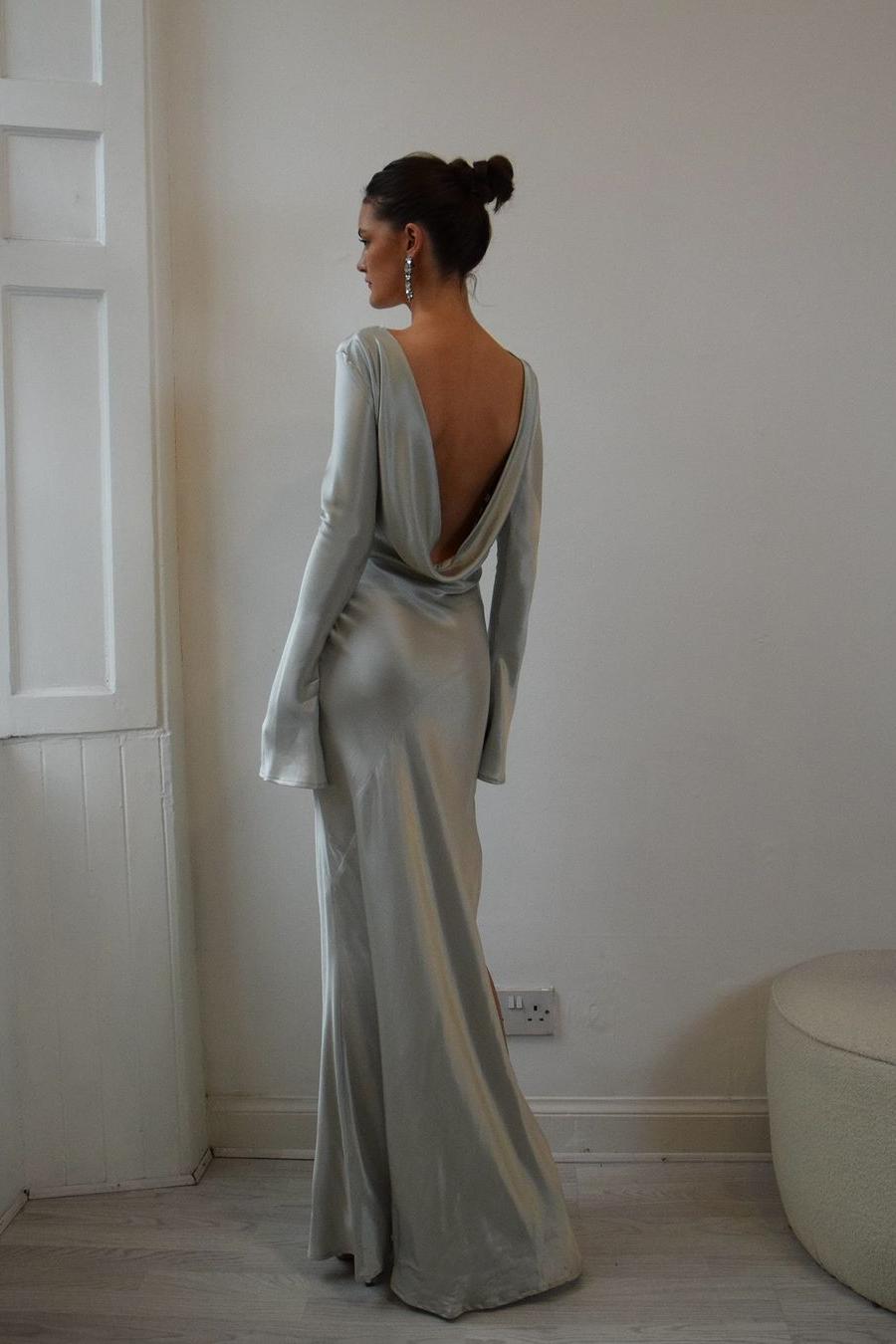 Daisda Simple Dark Green Satin Jewel Neck Long Sleeves Backless Long Prom Dress with Split