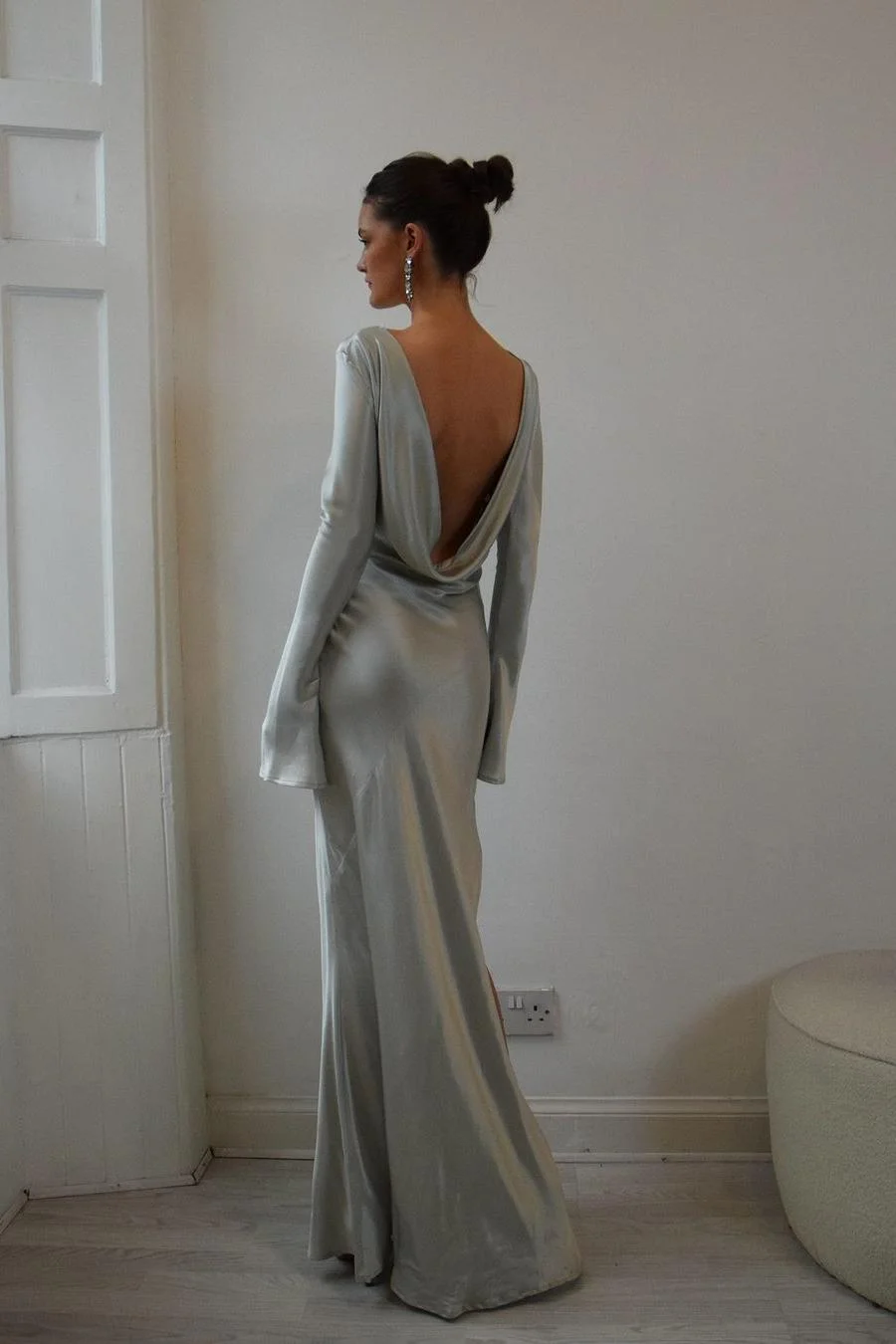 Daisda Simple Dark Green Satin Jewel Neck Long Sleeves Backless Long Prom Dress with Split