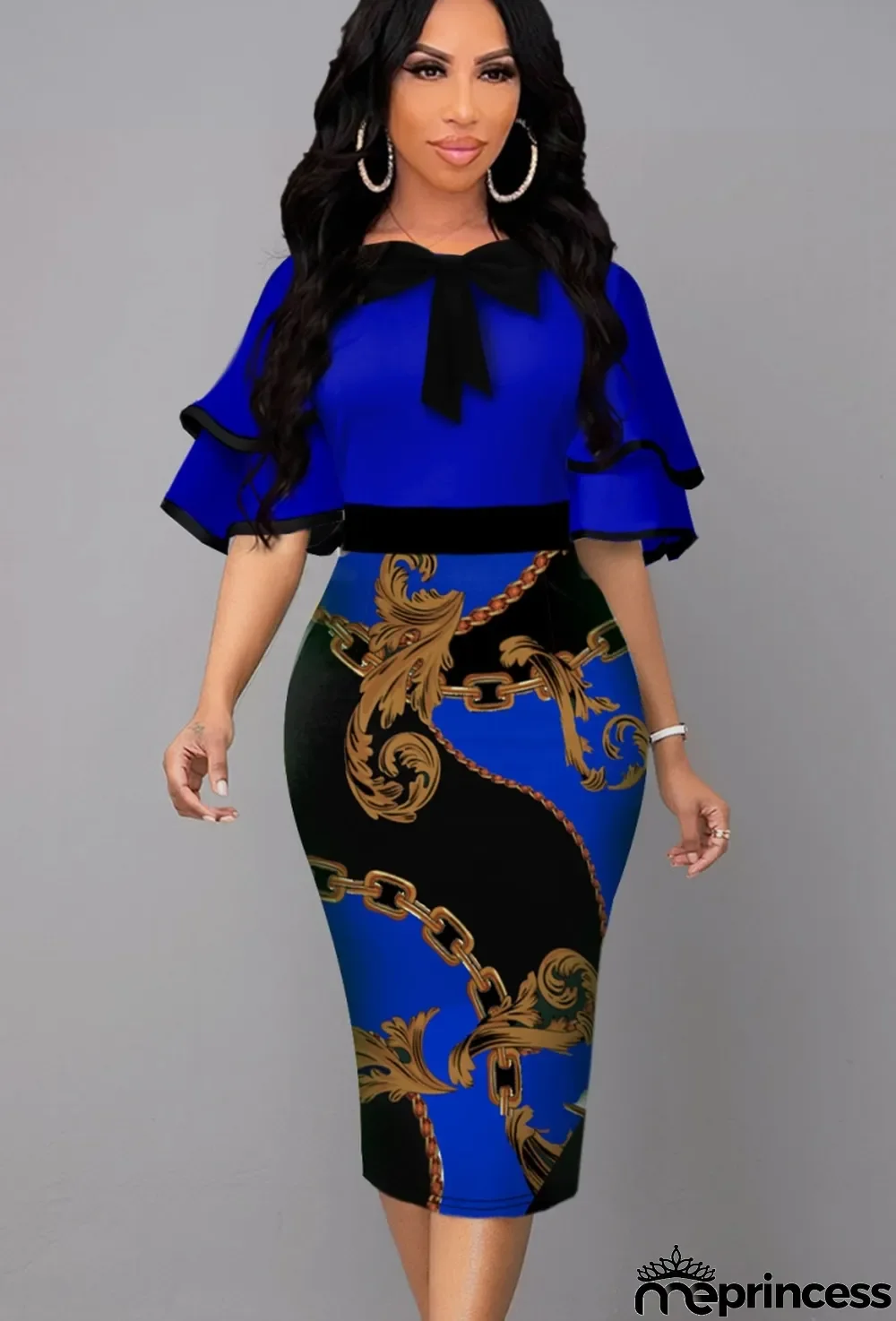 Women Summer Printed Formal Bow Short Sleeves Cascading Ruffle Midi Pencil Office Dress