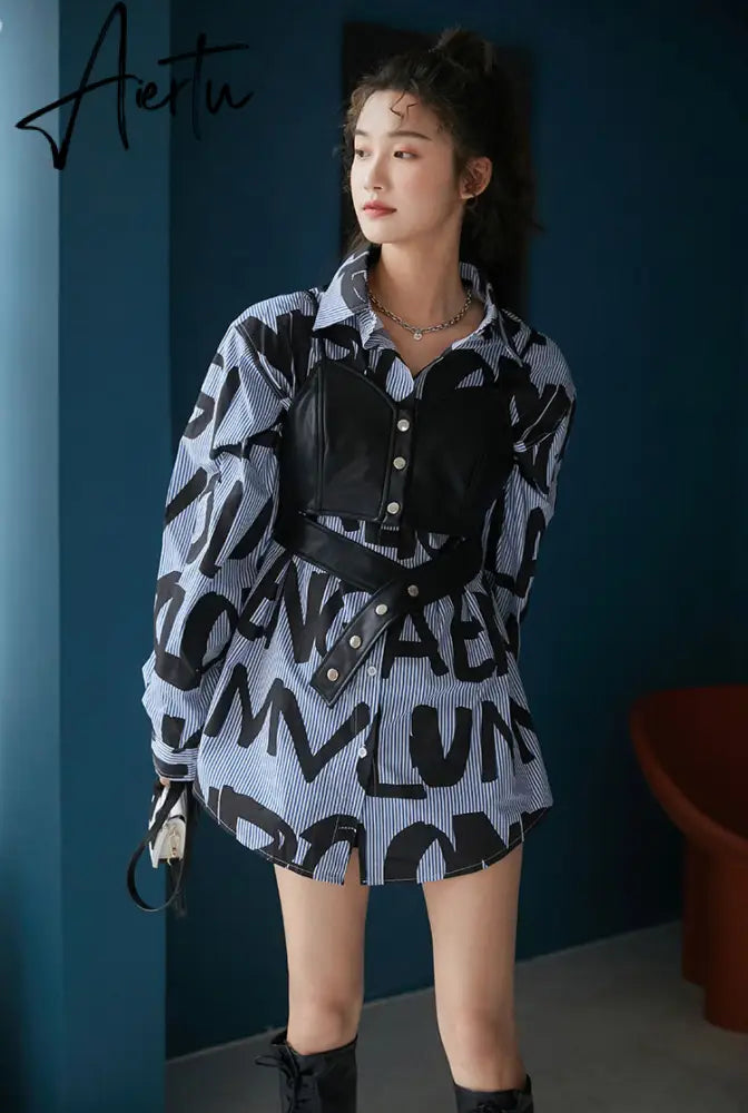 Aiertu Autumn Letter Print Oversized Women's Blouse Shirt Long Sleeve Fashion Casual Streetwear Women Shirts Two Piece Suit Female Tops Aiertu