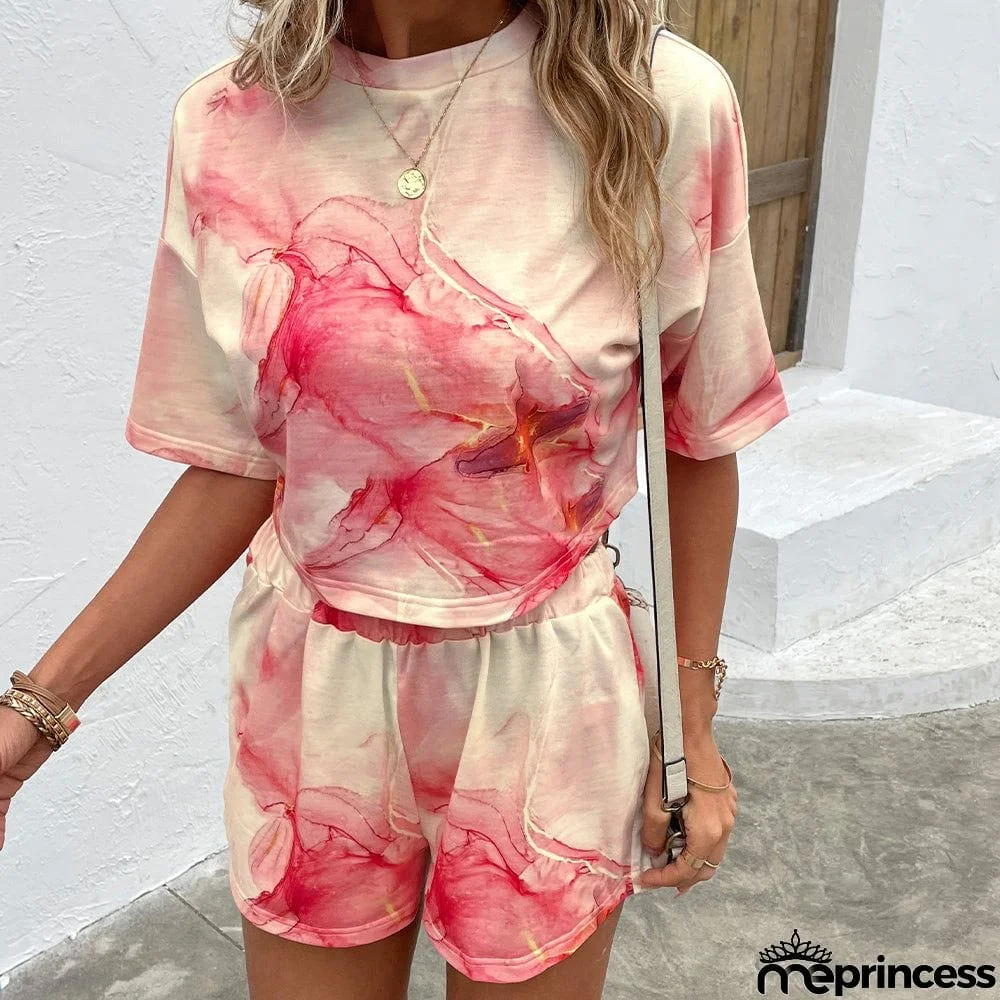 Printed Round Neck Dropped Shoulder Half Sleeve Top and Shorts Set