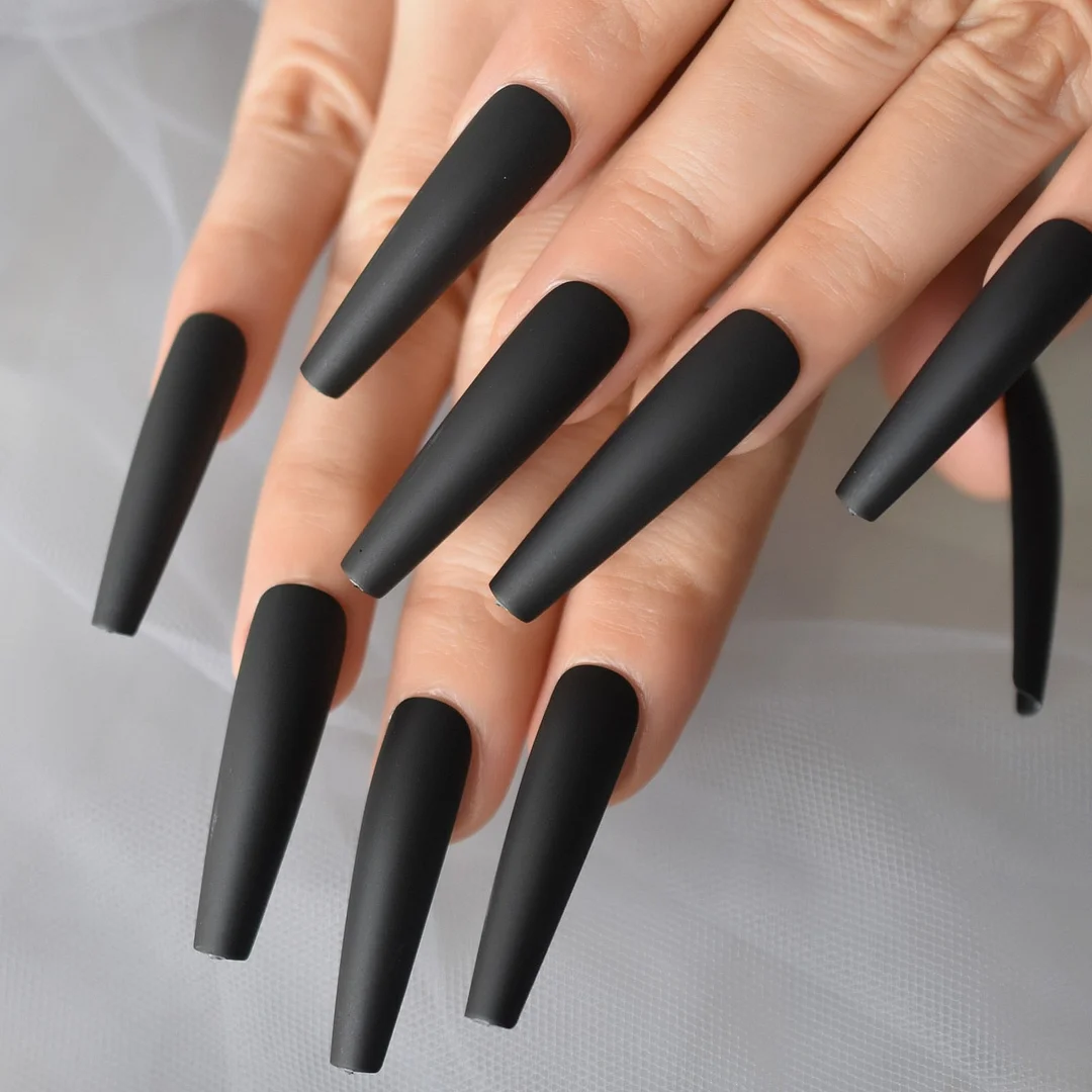 Extreme Long Black Matte Press On Nails Coffin Pure Color Acrylic Salon Nail Art Tips Learner DIY Artificial Manicure Fingernail