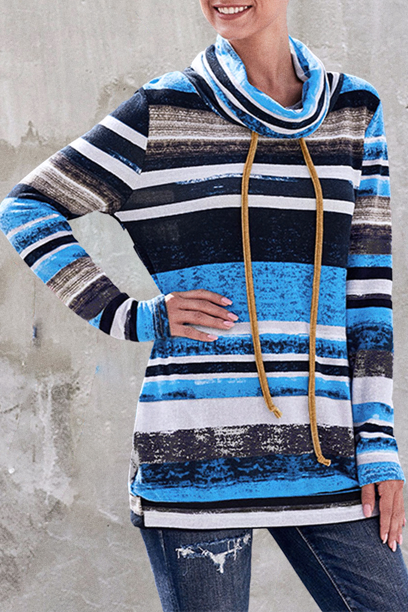 Striped Drawstring Cowl Neck Sweatshirt