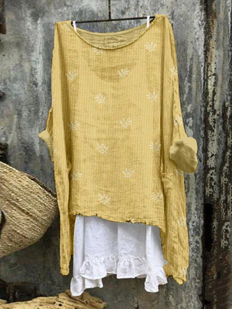Comstylish Leaves Embroidery Linen Blend Cozy Flowy Tunic
