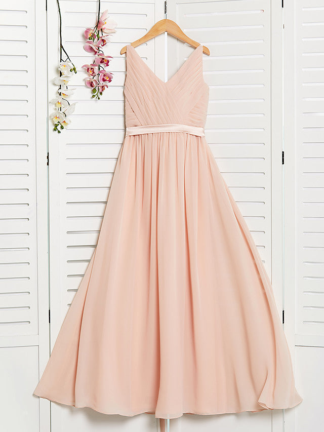 Oknass A-Line V Neck Maxi Chiffon Junior Flower Girl Dress With Sash Ribbon Ruching