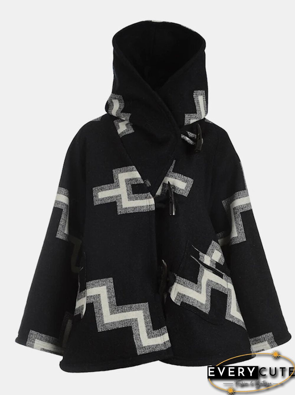 Geometric Print Long Sleeve Hooded Casual Coat For Women