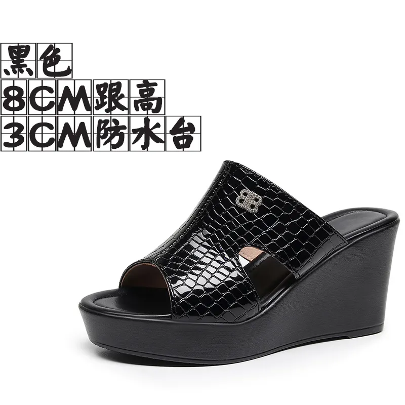 Breakj Breakj Leather Slope And Slippers Women Wearing Fashion Pine Cake Thick Bottom Fitting Room A Word Drag Anti-Slip High And Cow Skin Cold Drag