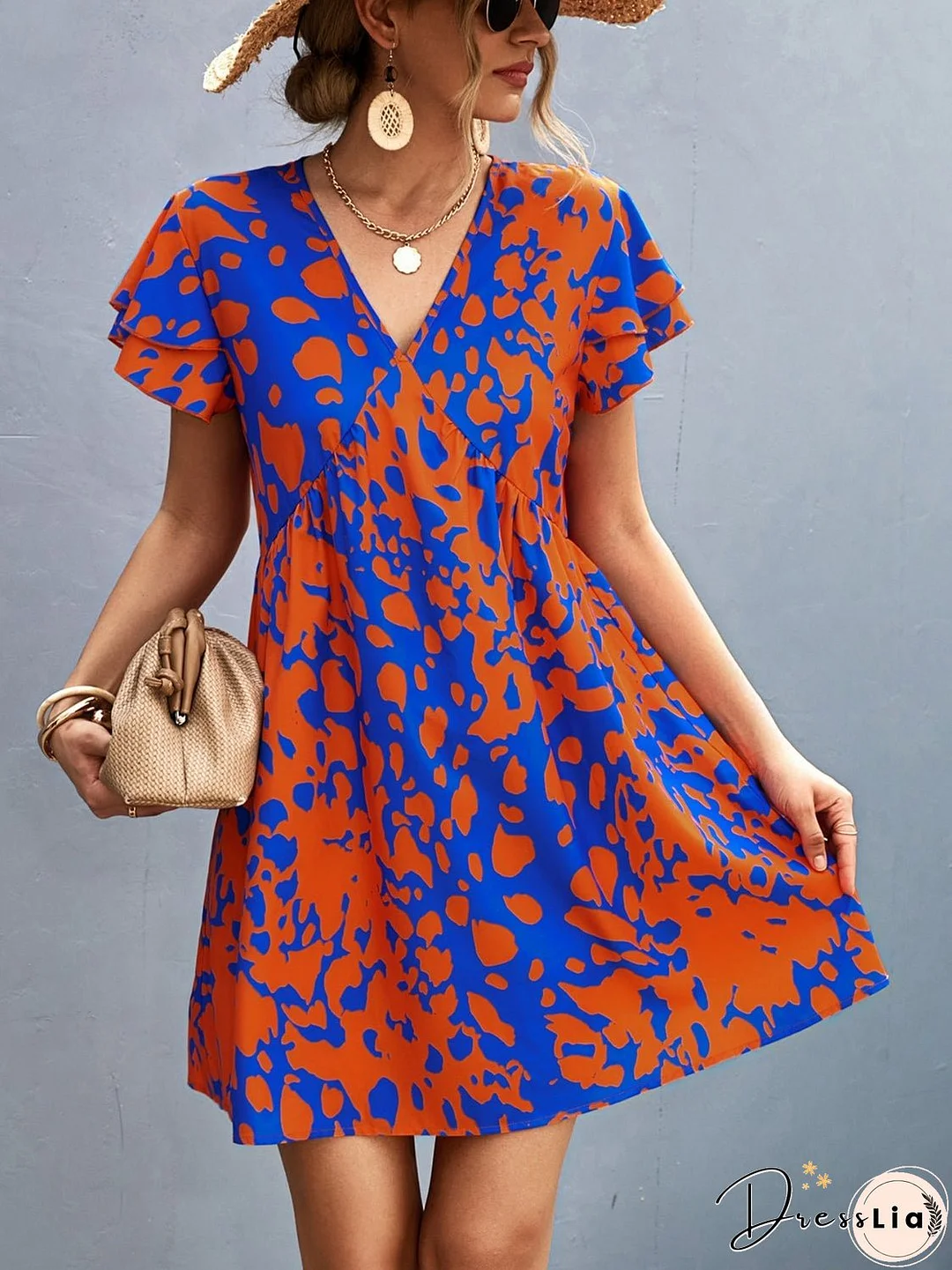 Ruffled Printed V-Neck Short Sleeve Mini Dress