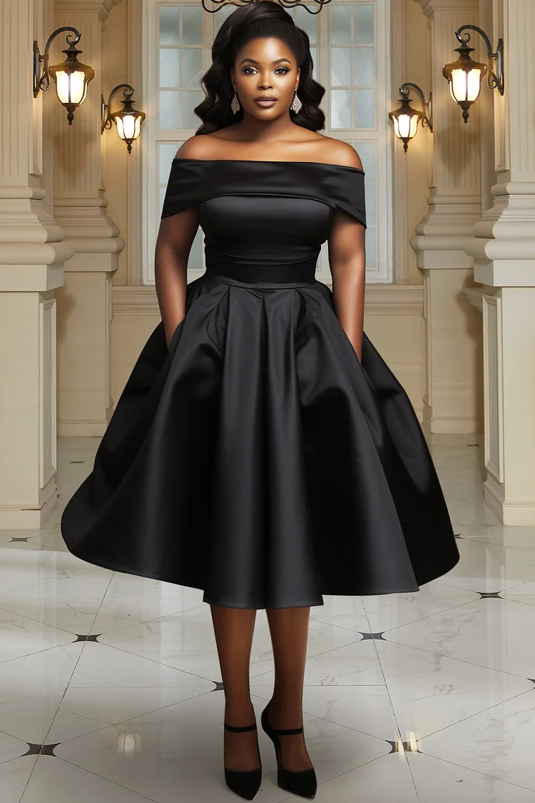 Xpluswear Design Plus Size Wedding Guest Black Elegant Off The Shoulder Pocket Satin Midi Dresses [Pre-Order] 2024 - Xpluswear