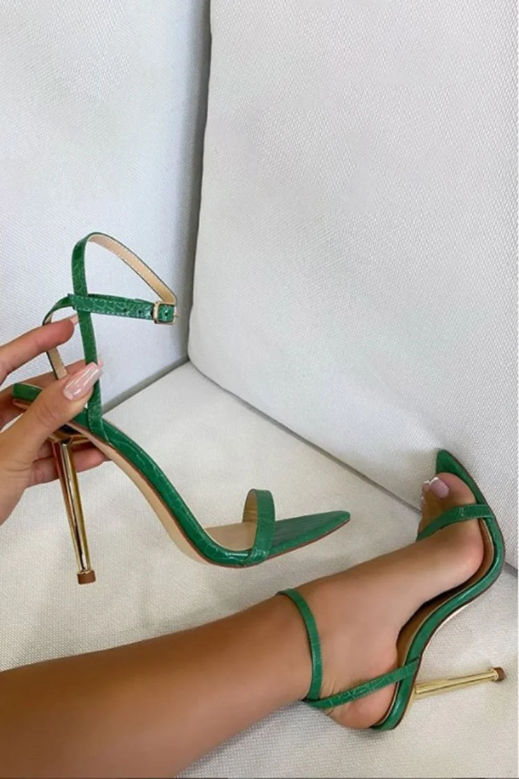 Crocodile Embossed Pointy Toe Ankle Strap Stiletto Heels-Green