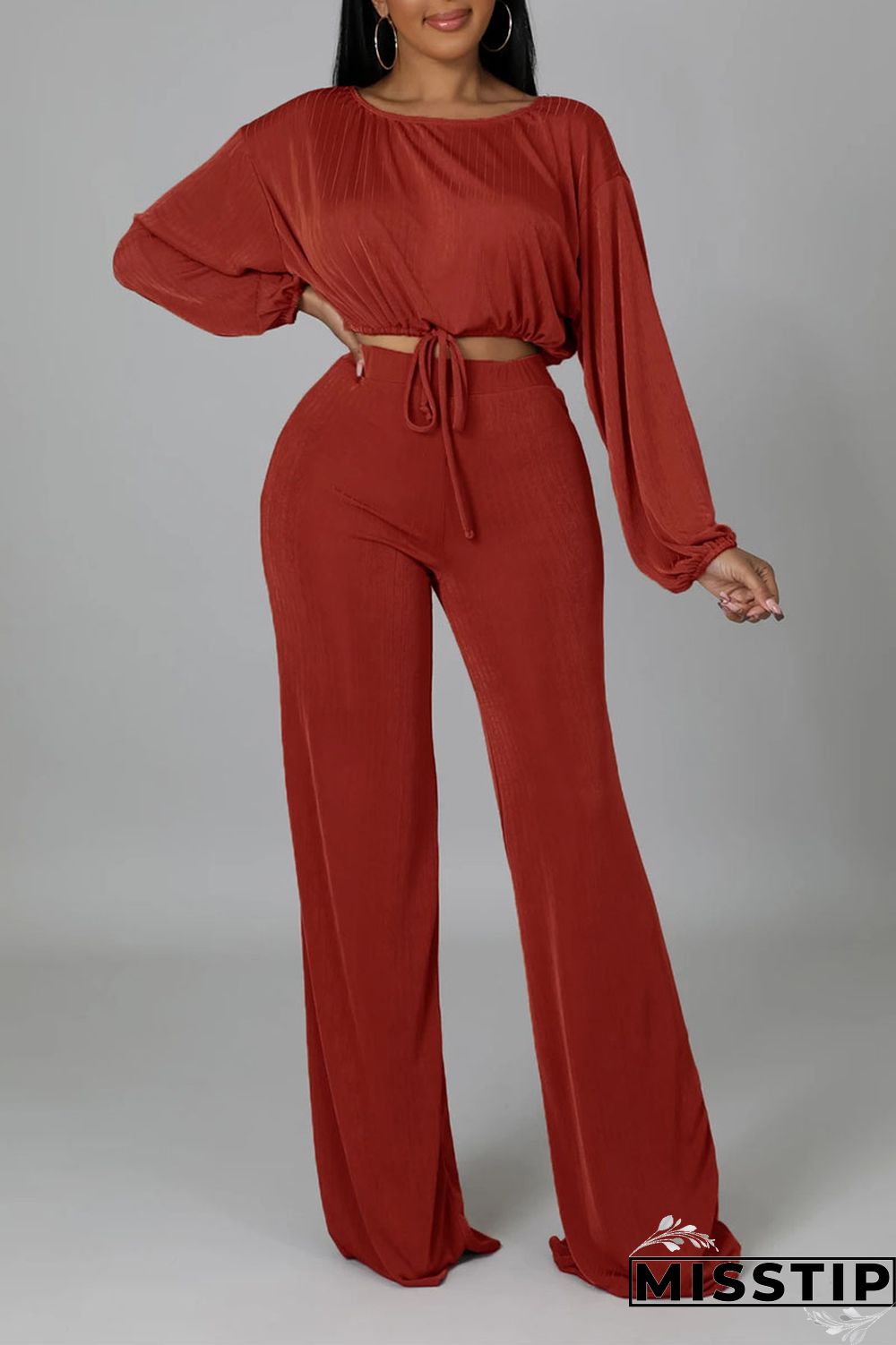 Red Bean Paste Casual Solid Patchwork O Neck Long Sleeve Two Pieces