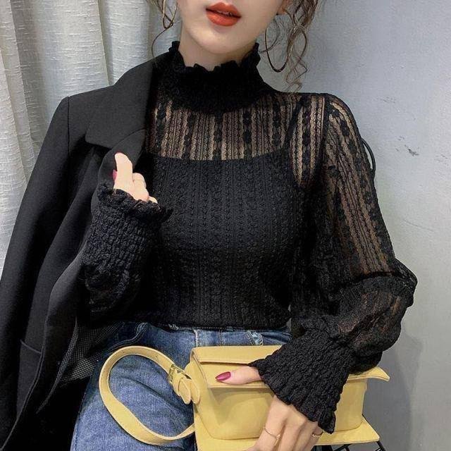Fashion Women Lace Mesh Blouses Elegant See Through Sexy Stand Collar Spring  Autumn Bottoming Long Sleeve Ladies Tops