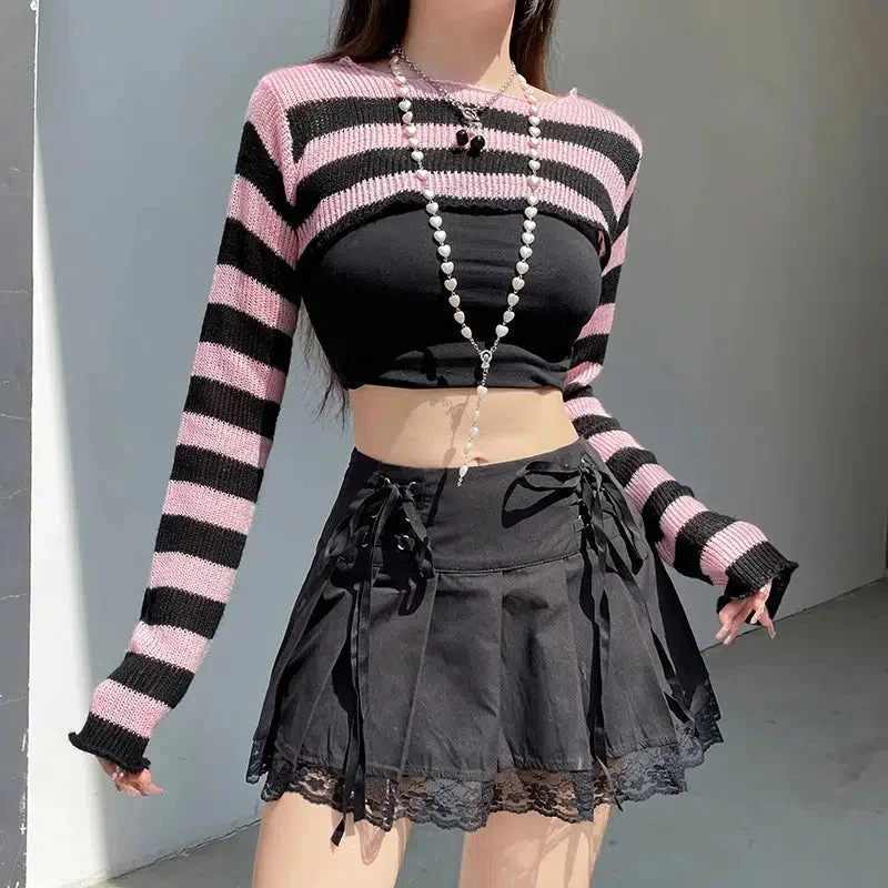 Brownm Striped Knitted Shrug Sweater