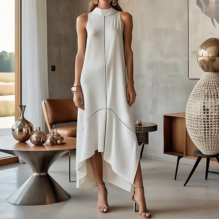 Formal Mock Neck Sleeveless Asymmetrical Hem Maxi Dress
