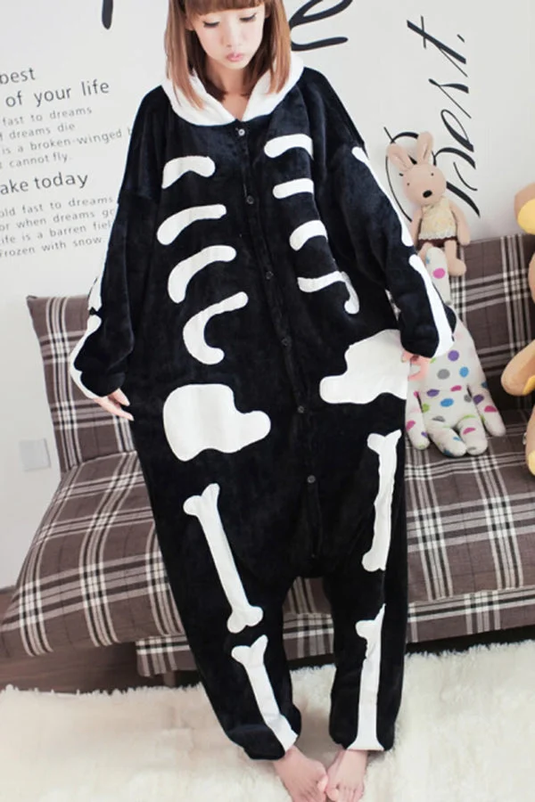 Black Cool Ladies Pajamas Halloween Skull Jumpsuit Costume-elleschic
