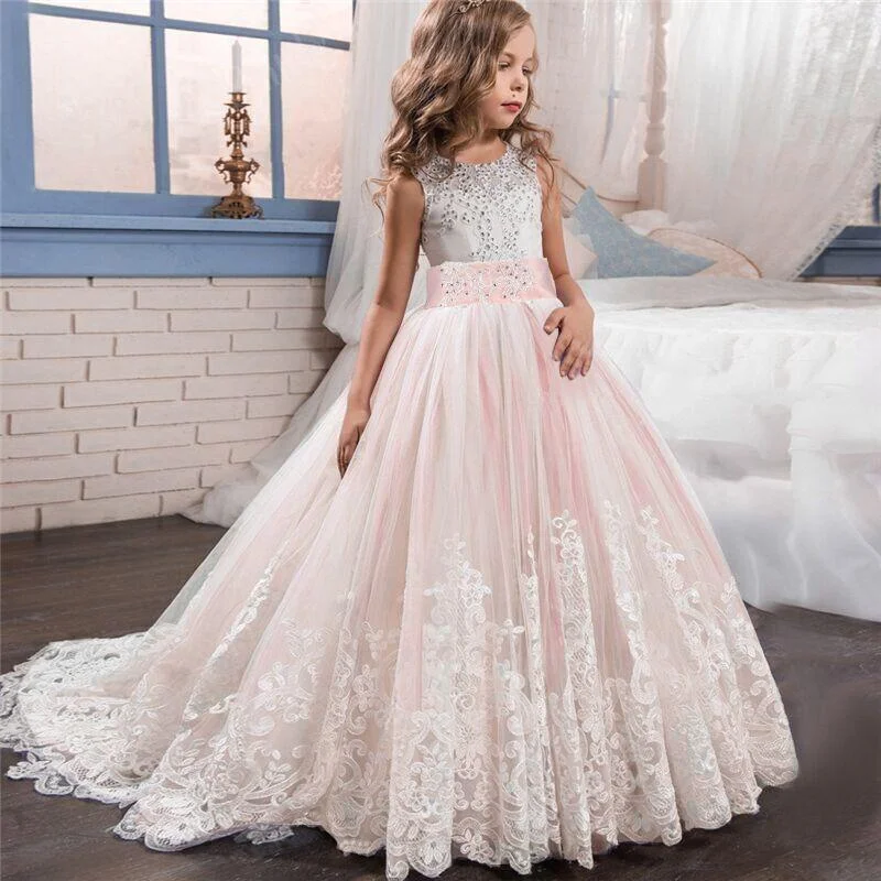 kids Lace Long Prom Wedding Bridesmaid Girls Dress Tulle Elegant Children Ceremony Princess Party Gowns Thanksgiving Event Dress