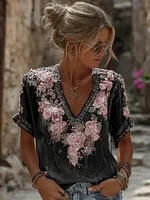 Women's Vintage Resort Embroidered Floral V-neck T-shirt - Image 6