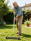 Thatch Rake with Wheels Steel Metal Dethatcher Rake with Adjustable Handle for Cleaning Dead Grass Loosening Soil Lawn Care