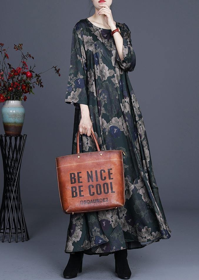 Chic Green Print Silk asymmetrical design Mid Dress Summer