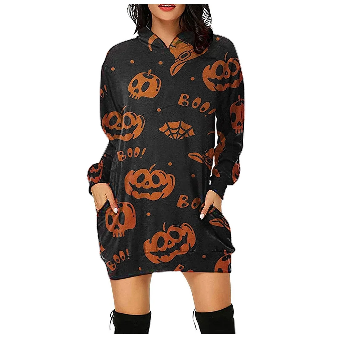 Peneran Halloween Costume Women Loose Long Hoodie Casual Halloween Printed Hooded Sweatshirts Student's Autumn Winter Baggy Pullover Oversized Hoodie