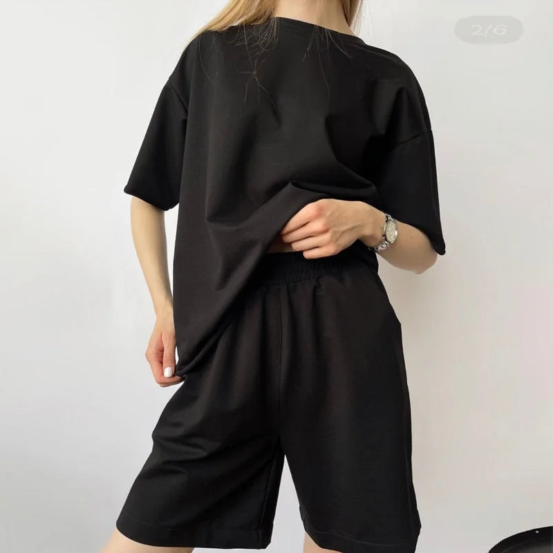 Hirsionsan Loose Soft Sets Women 2021 New Casual Two Pieces Short Sleeve T Shirts and High Waist Shorts Solid Outfits Tracksuit